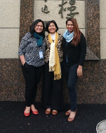 Ms. Klaren Tanalgo, Prof. Cruz, and Ms. Joy Cruz in front of the Shanghai University Hotel