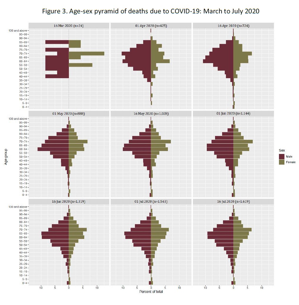 Figure 3. Age-sex pyramid of deaths due to COVID-19: March to July 2020